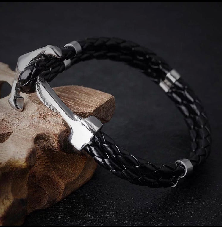 Men's Double Black Braided Leather Bracelet-DavidSonWatches.com